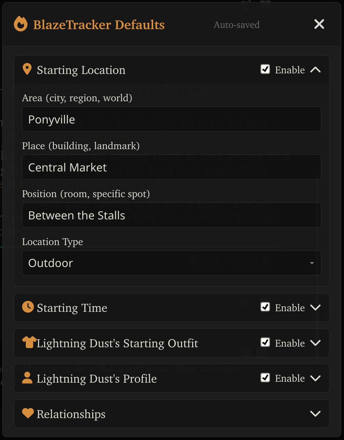 Character card defaults editor